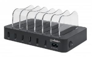 Manhattan Charging Station - 6x USB-A Ports - Outputs: 6x 2.4A - Smart IC - LED Indicator Lights - Black (Power Cable: Euro 2-pin plug to C7 figure-of-8 connector) - Box - Black - CE FCC RoHS WEEE ETL - 100 - 240 V - 1 A - 155 mm - 125 mm